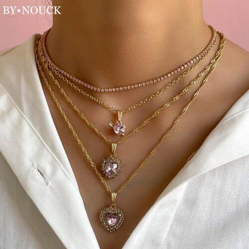 Geometric Multilayered Pink Love Heart Charms Chain Necklace Jewelry For Women Gold Color Metal Long Twist Chain Heart Necklaces