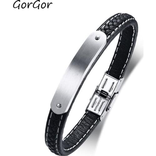 GorGor New Arrivals Stainless Steel Black Color Curved Brand Leather Bracelet for Vinatge Fashion Ladies Jewelry Gift BL-404