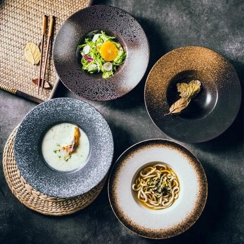 Restaurant Ceramic Plate Creative Black Large Size Deep Plate Thick Soup Plate Fashion Dishes Plate Dessert Plate Black Plate