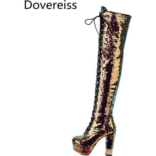 Dovereiss Fashion Womens Shoes Winter bling-bling Elegant platform Concise Mature Block heels Zipper big size 43