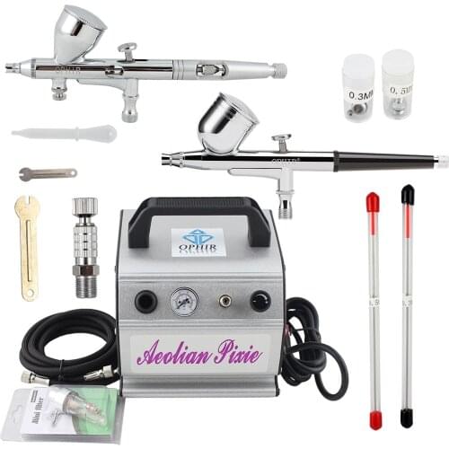 OPHIR 0.2mm 0.3mm 0.5mm Dual Action Gravity Paint Airbrush Kit with Compressor for Makeup Airbrushing Hobby Paint_AC088+004+070