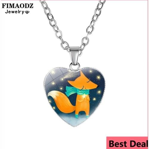 FIMAODZ Cute Fox Heart Pendant Necklace Glass Dome Cartoon Animal Photo Chain Necklaces for Women Girls Jewelry
