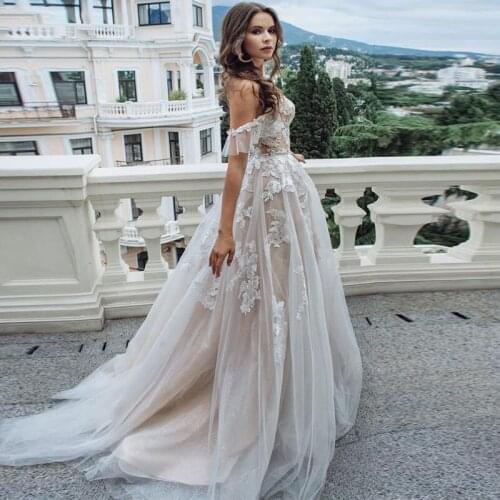 New Fairy Off the Shoulder Wedding Dresses A-Line Tulle Appliques Custom Made Bridal Gowns Court Train