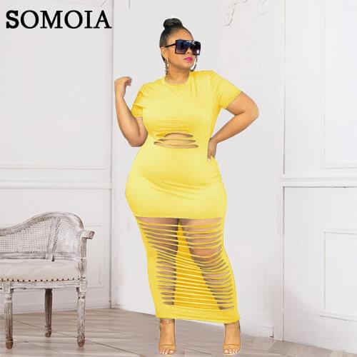 Plus Size 5xl Nightclub Style Womens Clothing Wholesale Sexy Fashion Solid Color Hole Cut Short Sleevess Mid Waist Long Dress