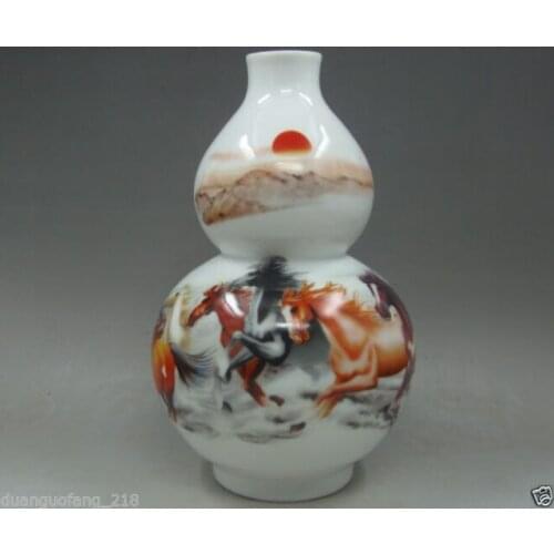 Elaborate Chinese Old Decorated Handwork Porcelain Drawing Eight Horses Gourd-shape Vase