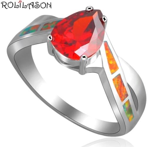 ROLILASON Wholesale Retail Orange fire Opal water drop Orange Zircon Silver Rings fashion jewelry USA Size #6 #6.75 #8 #9 OR617