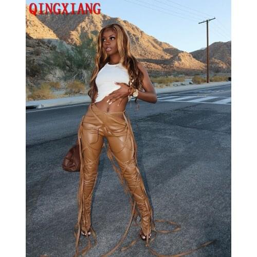 S-2XL 2021 4 Colors Faux Leather Bandage Women Long Pants Tight Fitting Black White Red Night Club Sexy PU Trousers