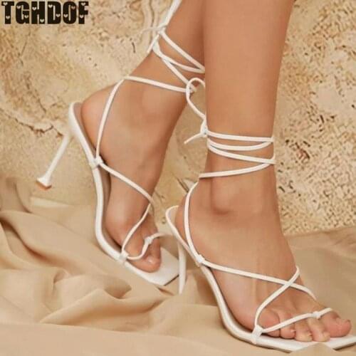 2021 Summer Fashion Comfortable Square Head Womens Sandals Lace-up Open Toe Womens Casual Sandals Mature Sexy Stiletto Heels