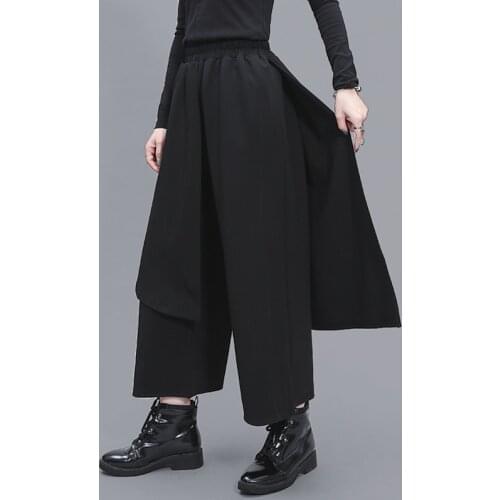 Spring and autumn individual character splice asymmetry wide leg trousers casual casual casual tight waist womens wear plus-nin