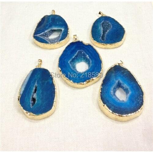 SP-039 Blue Created Agates slice Geode Pendant with Gold Layered and Bail