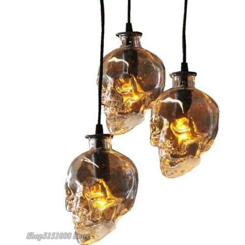 Vintage Skull Pendant Lights Clear Glass Bottle Led Hanging Lamp for Home Decor Dining Room Industrial Luminaire Lights Fixture
