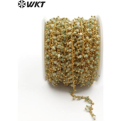 WT-RBC084 Apple Green Chalcedony With Brass Wire Wrapped Rosary Beads Chain For DIY Necklace Bracelet Jewelry Making