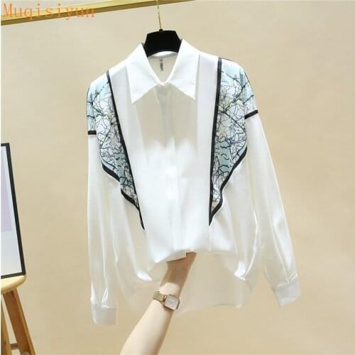 Korean style 2021 Spring OL Shirts For Women Turn Down Collar Long Sleeve Patchwork Chiffon Shirt Tops Office Lady Blouses
