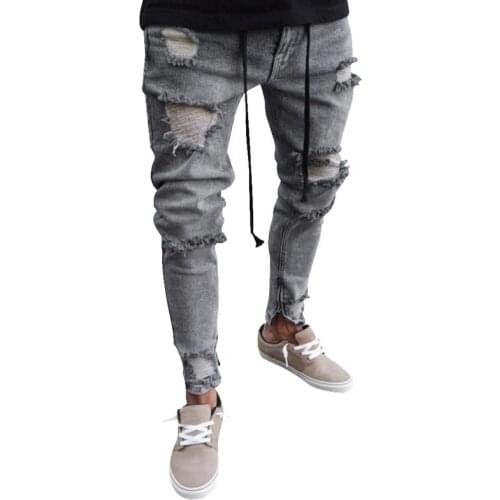 Plus Size Jeans for Men Fashion Knee Hole Stretch Destroyed Frayed Denim Pants Casual Skinny Gray Ripped Jeans Pantalones