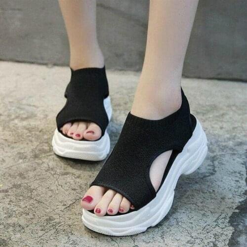 New Shoes Woman Muffin Thick-soled High with Roman Female Sandals Woman Sneakers Fish Mouth Hollow Tie Women Shoes