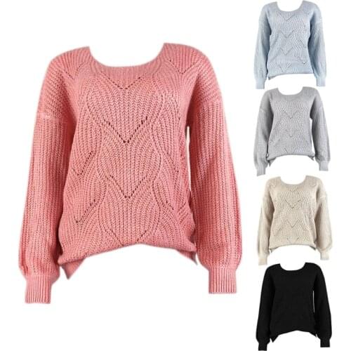 Autumn 2021 Hollow Out Knitted Sweater Women Long Sleeve Round Neck Elegant Pullover Tops Solid Color Casual Loose Jumper
