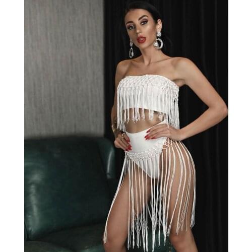 Chic White Tassel Fringe Two Pieces Plaid Sleeveless Cold Shoulder Bare Midriff Bandage Bodycon Dress Set
