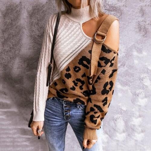 Women Autumn Winter Leopard Patchwork Turtleneck One Shoulder Fashion Sexy Sweater Twist Knitted Pullover High Quality Tops