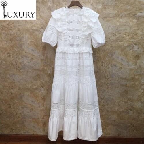 Quality New 2020 Top Fashion White Pink Women Hollow Out Embroidery Ruffle Patchwork Vintage Party Long Maxi Dress