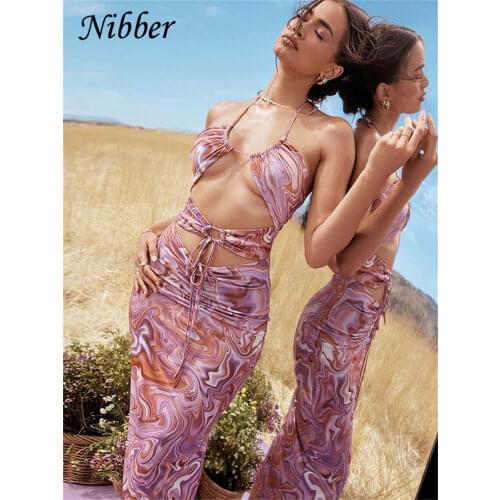 Nibber 2021 Summer Y2K Chiffon Printing Sexy Elegance Bandage Maxi Dress Women Fairy See Through Hollow Sleeveless Boho Dresses