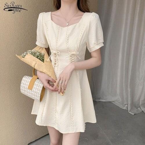 Vintage A Line Puff Sleeve Mini Dress New Elegant Fashion Square Collar Summer Dress Robes Women Bandage Party Dresses 14890