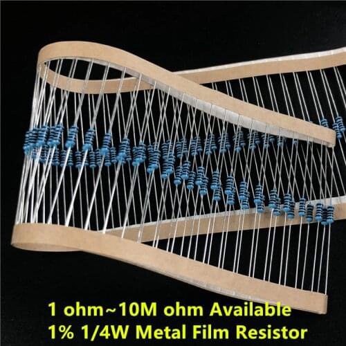 100pcs/Lot (1~10M ohm Available) 1/4W Metal Film Resistor 0.25W 1% 1/10/100/1k/10k/100k/1M/4.7R/47R/470R/4.7K/47K/470K/4.7M