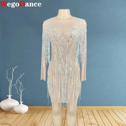 2020 Silver Rhinestones Fringe Transparent Long Sleeves Women Birthday Prom Princess Party Dress