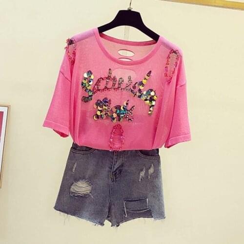 2021 Summer New Letters Sequins Ripped Round Neck Short Sleeve Loose Knitted T-shirt Womens Tops Casual All-Match Tee