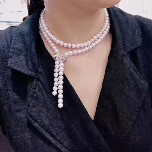 Free shipping 34inch 10mm gary shell Pearl Necklace 925 silver micro inlay zircon clasp diy Butterfly clip accessory jewelry