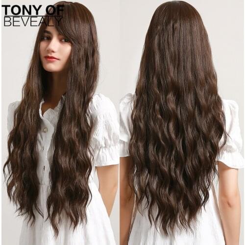 Long Body Wavy Dark Brown Synthetic Wigs With Side Bangs Natural Hair Wigs for Afro Women Cosplay Wigs Heat Resistant Fiber