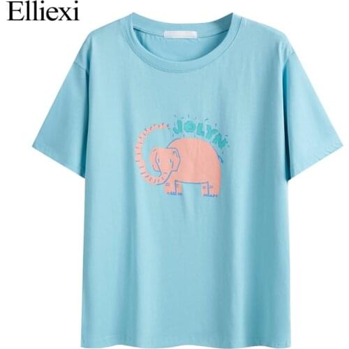 Elliexi White Little elephant Tshirt Fashion Loose Causal Top Tee Female Harajuku Kawaii T Shirt Women Funny Cartoon T-shirt