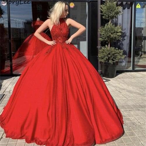 Red Prom Dresses Halter A-Line Floor Length Tulle Lace Crystal Prom Dresses With Lace Up Back vestidos de fiesta de noche