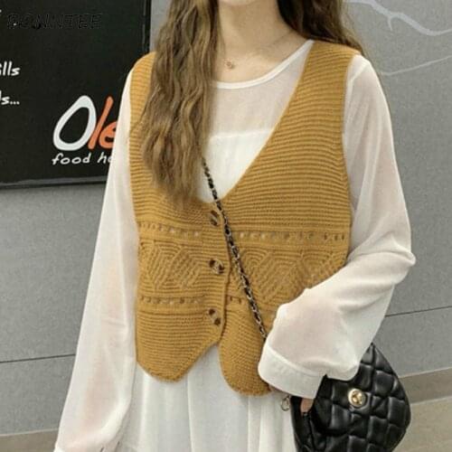 Sweater Vest Women Solid Elegant Loose Crop Top V-Neck Single Breasted Hollow Out Thin Candy Color Knitted Outwear Female Simple