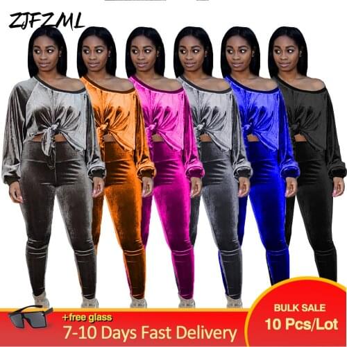 Bulk Items Wholesale Lots Vintage Two Piece Set for Women Velvet Suit One Shoulder Bow Tied Crop Top+stretchy Sheath Leggings