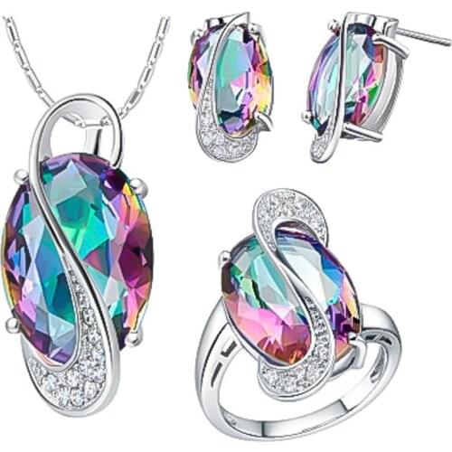 MIQIAO White Gold Plated Color Big Zircon Crystal Piercing Stud Earring Ring Collar Chain Necklace Jewelry Set for Women Wedding