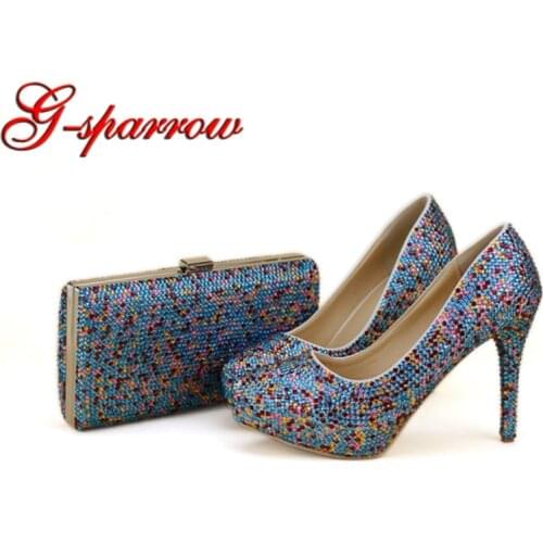 Blue Red Gold Mixed Rhinestone Bridal Dress Shoes 4 Inches High Heel Platform Shoes with Matching Bag Handmade Pumps with Clutch