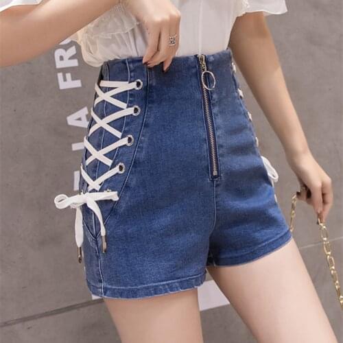 MUMUZI 2020 Fashion summer autumn new wide leg shorts simple design casual high waist front zipper Bandage denim shorts female