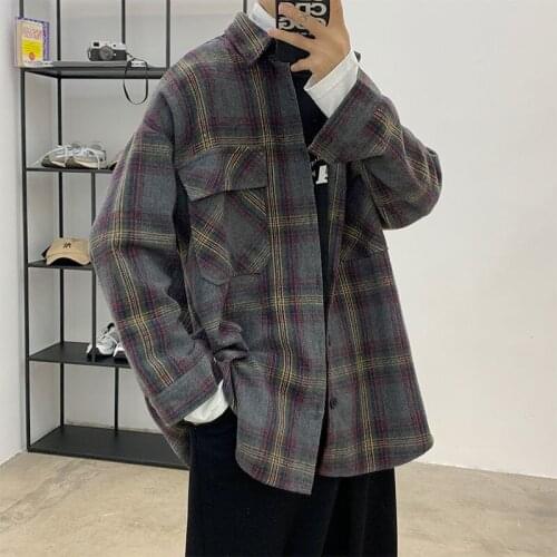 2021 Mens Plaid Printing Loose Thickened Cargo Shirts Two Colors Camisa Masculina Streetwear Shirts Lapel Collar Shirts S-XL