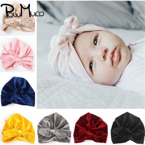 Powmuco 9 Colors 21*17.5 CM Soft Gold Velvet Baby Girl Hat Cute Bunny Ears Infant Caps Warm Children Turban Clothing Accessories