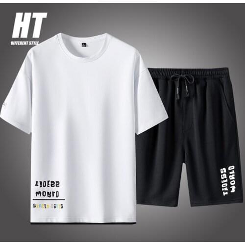 Summer 2PC Men Casual Tracksuits Set Short Sleeve T Shirts Gym Running Sweat Suit Male Sportswear Letter Print Short Sport Sets