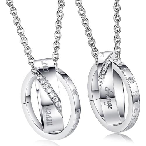 Couple Necklace Stainless Steel Crystal Double Circle Pendant Necklaces For Lovers Women Men