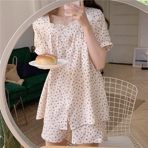 Summer New Cotton Floral Print Pajamas Set 100% Sleepwear Women Short Sleeve Single Breasted Cardigans Shorts 2 Piece Set Night