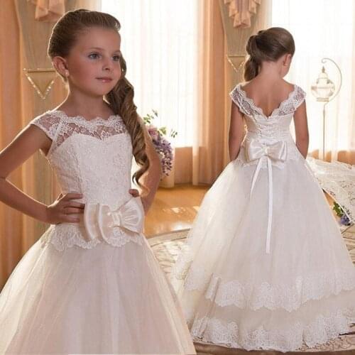 Little Girl Flower Girl Dresses With Bow Lovely V Back Lace Kids Tulle Ball Gown Pink Pageant Dresses For Girls ESAN350