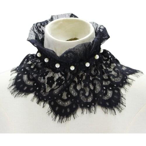 Pleated Ruffles Stand Fake Collar Crochet Lace Imitation Pearl Necklace Choker Tie for Women Wedding Party Decor