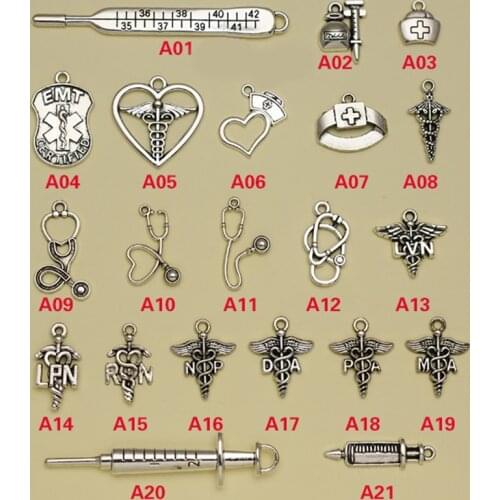 Antique Silver Plated Nurse Doctor Charms Collection Medical Caduceus Nurse Cap Stethoscope Syringe Pendants Jewelry making