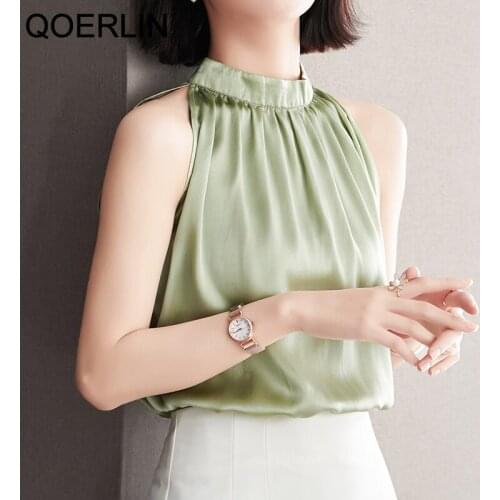 QOERLIN Satin Halter Neck Top T-Shirts Girls Plus Size Summer Sleeveless Loose Casual Tee Elegant Green OL Office T-Shirt Female