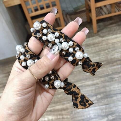 Korea New Fashion Leopard Print Hair Tie Headdress specific character Head Band elegant Pearl Bow Women Accessories Gifts