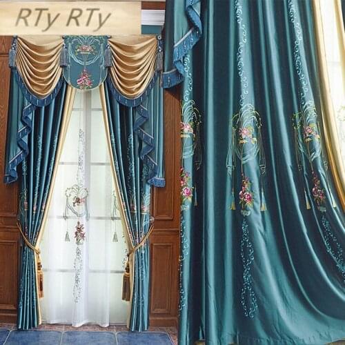 European American Embroidery Luxury Curtains For Living Room French Window Floral Curtains with velvet material green white