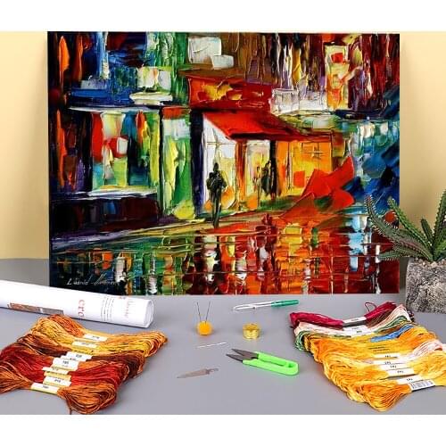 Night Life Printed Water-Soluble Canvas 11CT Cross Stitch Full Kit DIY Embroidery DMC Threads Painting Handmade Hobby Floss