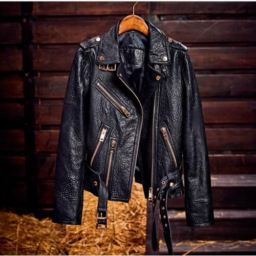 Womens Leather Jacket Short Paragraph Slim SheepSkin Motorcycle Jacket